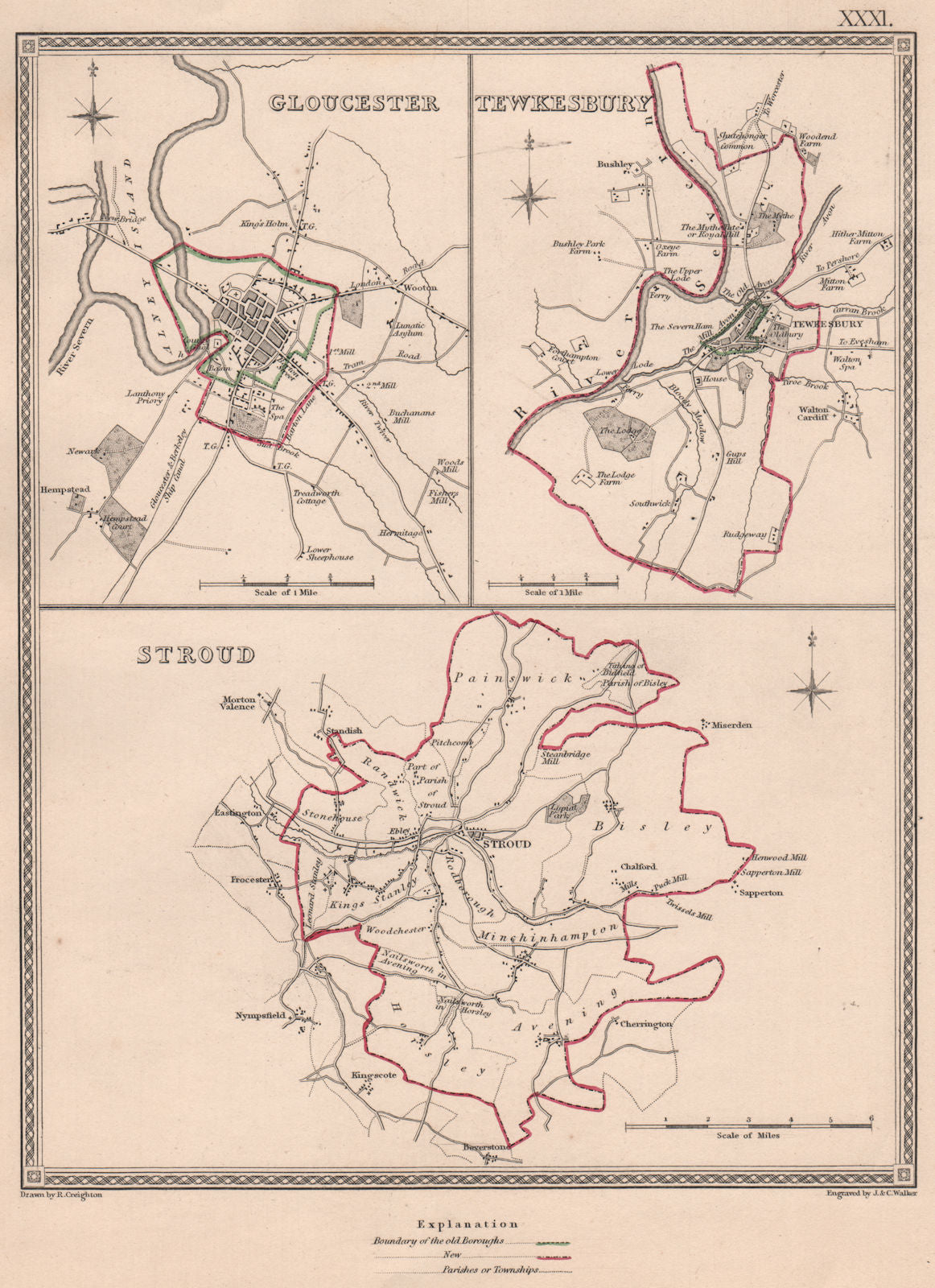 GLOUCESTERSHIRE TOWNS. Gloucester Tewkesbury Stroud. CREIGHTON/WALKER 1835 map